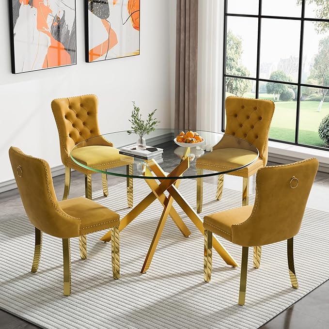 Round Glass Dining Table Set for 4, 47'' Clear Circular Kitchen Table and Chairs Set, 5PCS Modern Circle Dining Room Table Set with 4 Velvet Dining Chair for Home