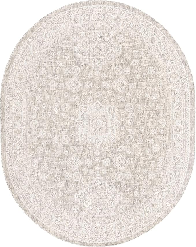 Rugs.com Outdoor Aztec Collection Rug – 8' x 10' Oval Light Gray Flatweave Rug Perfect for Living Rooms, Large Dining Rooms, Open Floorplans