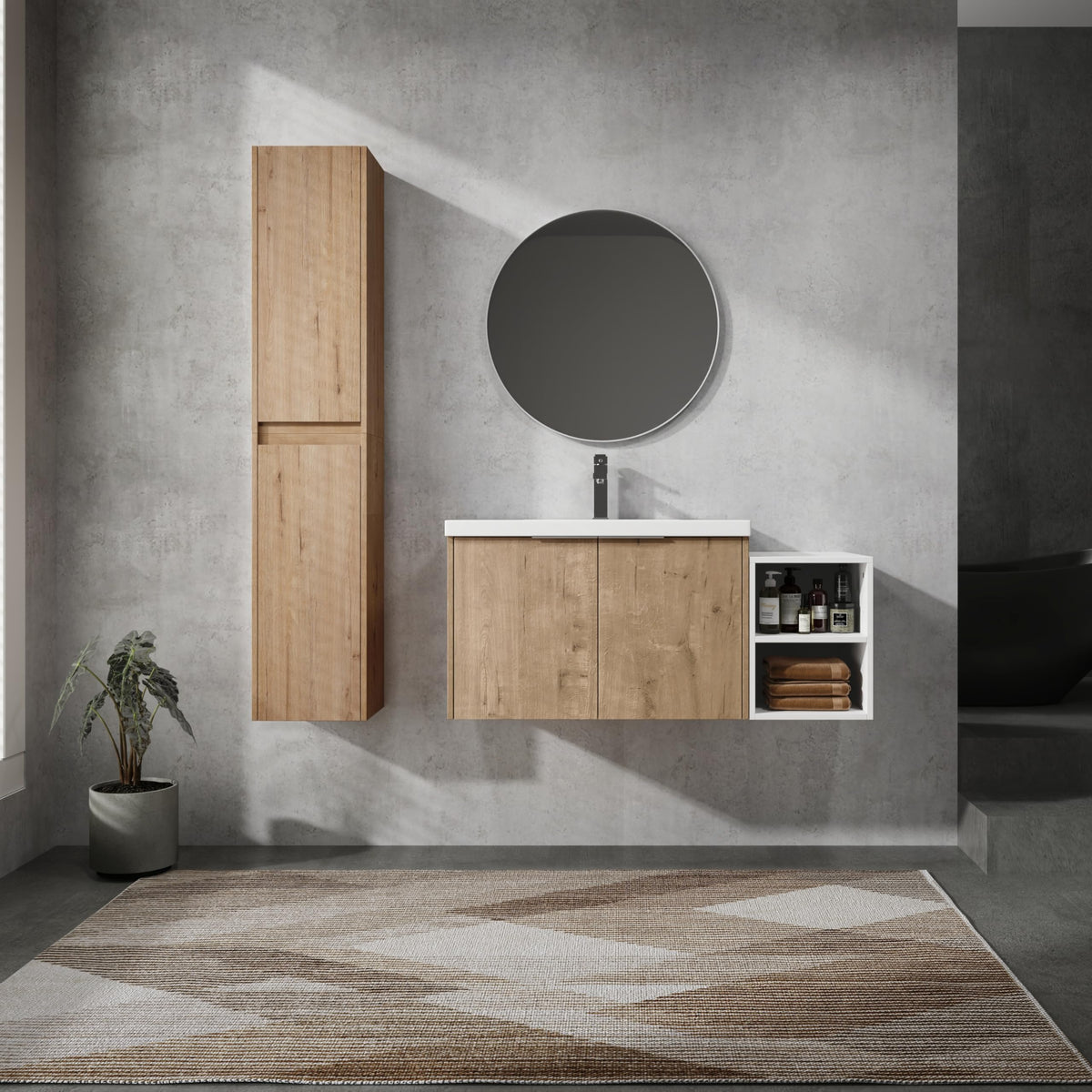 Henf 42" Floating Bathroom Vanity with Sink & 2 Side Cabinets & White Open Storage Shelf, Modern Solid Wood Wall Mounted Bathroom Vanities Cabinet with White Sink,Soft-Close Doors for Small Space,Oak