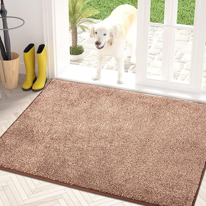 PURRUGS Dirt Trapping Door Mat 34" x 59", Non-Slip Machine Washable Entry Rug, Shoe Scraper, Dog Doormat, Super Absorbent Welcome Mat for Front & Back Door, Muddy Shoes & Paws, Brown-Light Cream