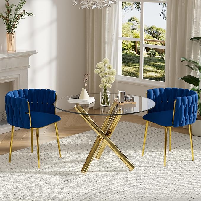 3 Pieces Round Glass Dining Set, 2 Person Modern Luxury Circle Kitchen Table Set, 36'' Clear Minimalist Circular Glass Top Dinner Room Set with Navy Blue Woven Chair, for Small Place (Golden)
