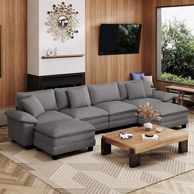 157-Inch U Shaped Sectional Sofa with Cloud Cushions, Deep Seat Modular Couch Set w/ 6 Seats & 2 Ottomans, Removable Arms, Plush Corduroy Upholstery for Living Room, Apartment - Gray