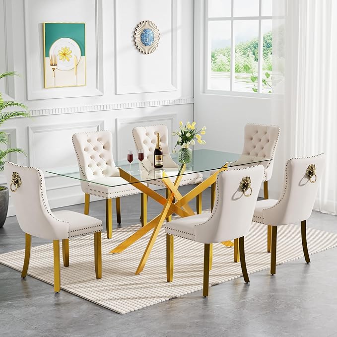 HomVent 7 Piece Rectangular Glass Dining Table Set, Tempered Glass Dinner Table Set for 6 Kitchen Table Set with 6 Velvet Upholstered Chairs for Kitchen Dining Room