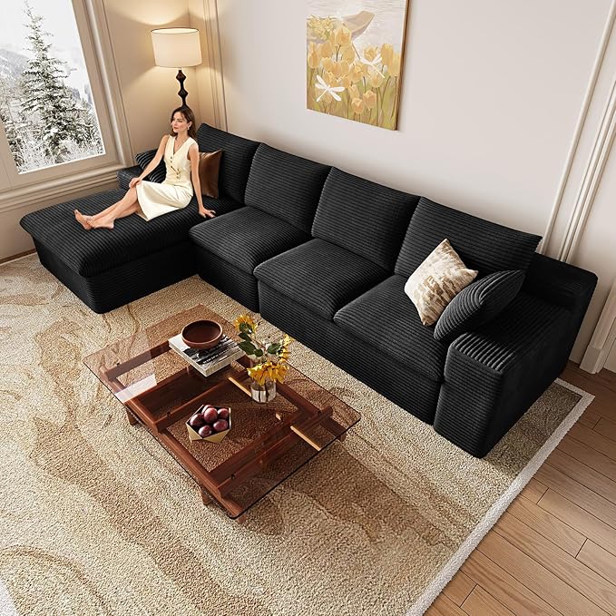 136" Cloud Couch Modular Sectional Sofa for Living Room, L-Shape Boneless Couch with Deep Seat, Modern Corduroy 4-Seater, No Assembly Required (Black,Left-Facing Chaise)