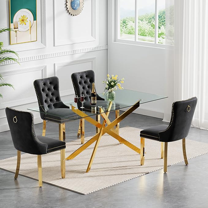 Rectangle Glass Dining Table Set for 4, 60'' Kitchen Table and Chairs Set, 5PCS Modern Dining Room Table Set with 4 Velvet Dining Chair for Home