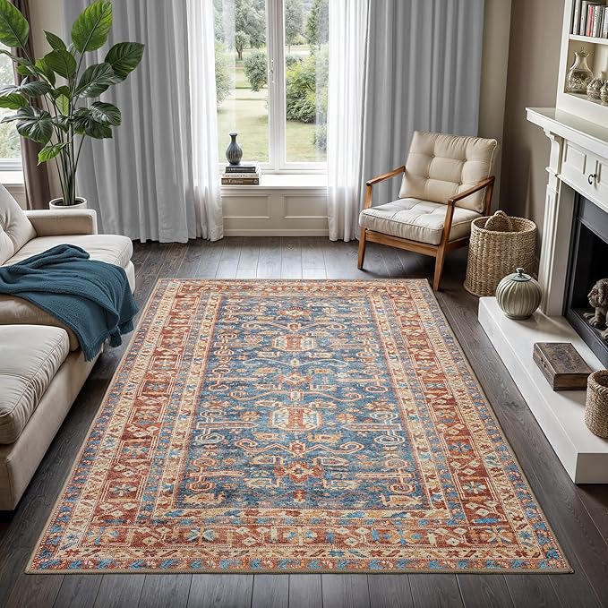 GLN Rugs Traditional Collection - Machine Washable Area Rug, Traditional Washable, Non Slip, Low Pile Chenille Rug, Living Room, Bedroom, Kitchen Rug (4'x6' Terra and Blue)