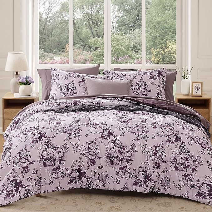 Queen Comforter Set -7 Pieces Deep Purple Floral Comforter Set for All Seasons, Bed in a Bag Queen with Botanical Flowers Comforter, Sheets, Pillowcases & Shams