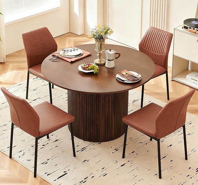 Dining Table Set for 4, 47" Wooden Round Kitchen Table with PU Leather Chairs for Kitchen Room and Small Spaces(Walnut Table + 4 Brown Chairs)