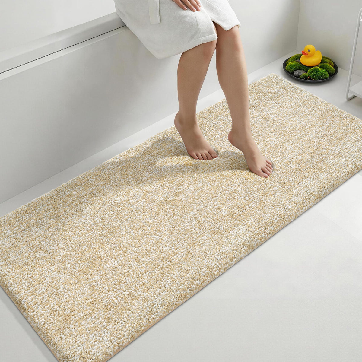 Yimobra Cushioned Anti-Fatigue Long Bathroom Runner Rug, Non Slip Washable Bath Mat, Dense Soft for Double Sink Vanity, Tired Feet Comfort, Absorbent, 60" X 24" (5.0' × 2.0'), Light Beige and White