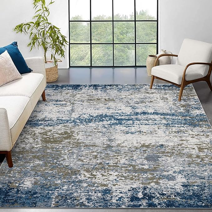 9x12 Modern Abstract Accent Rug Non Slip Stain Resistant Throw Rug Low Pile Washable Indoor Floor Cover for Living Room Bedroom Office Home Decor, Navy