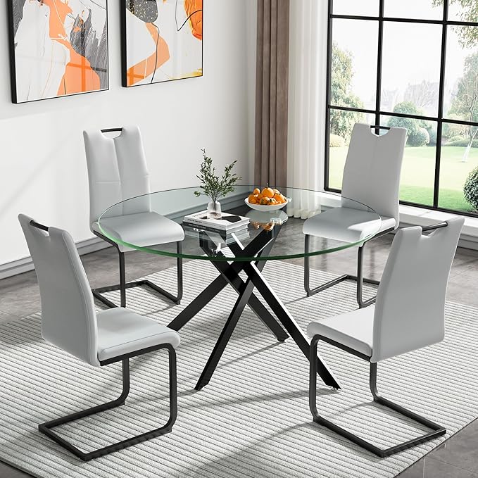 HomVent 5 Piece Round Glass Dining Table Set, Round Glass Kitchen Table Set for 4 with 4 PU Upholstered Dining Chairs for Kitchen Dining Room