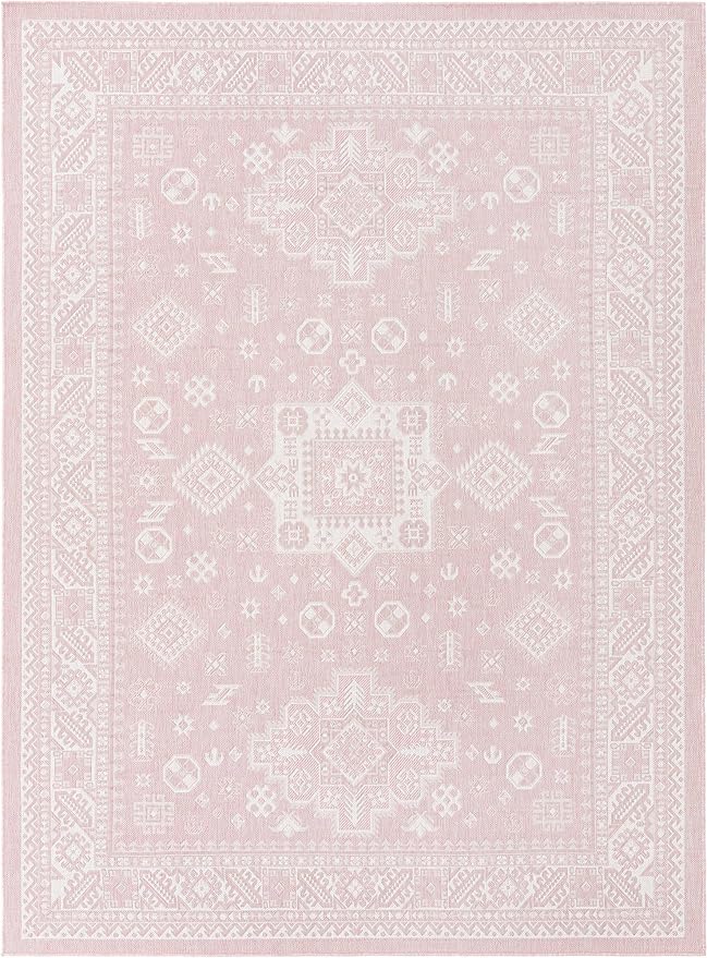 Rugs.com Outdoor Aztec Collection Rug – 8' x 11' Pink Flatweave Rug Perfect for Living Rooms, Large Dining Rooms, Open Floorplans