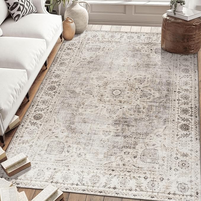 ReaLife Rugs Machine Washable Area Rug - Stain Resistant,Non-Shed - Eco-Friendly,Non-Slip, Family & Pet Friendly - Made from Premium Recycled Fiber - Vintage Bohemian Medallion - Beige Ivory, 4' x 6'