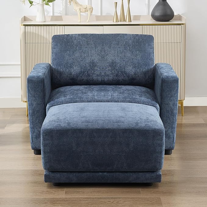 44.2" Chenille Oversized Chair with Movable Ottoman, Modular 1 Seat Couch with Thickened Cushions, Modern Single Sofa Chaise Lounge Reading Chair for Living Room, Small Apartment, Blue