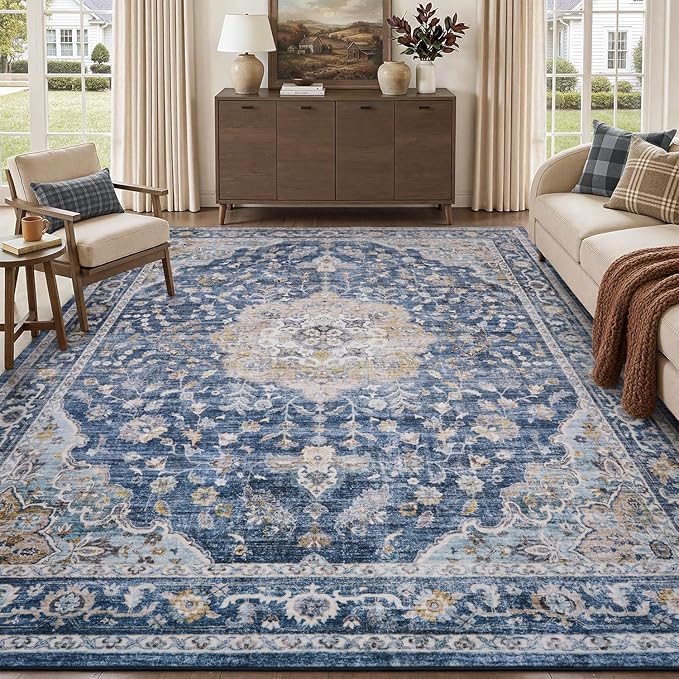 PADOOR-Vintage Area Rug 9X12 Rugs for Living Room-Soft Blue Rugs for Bedroom-Machine Washable Rug Non Slip Carpet-Rug for Dining Room Living Room Bedside Office
