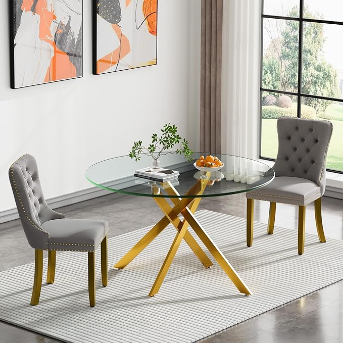 HomVent 3 Piece Round Glass Dining Table Set, Tempered Glass Dinner Table Set for 2 Kitchen Table Set with 2 Velvet Upholstered Chairs for Kitchen Dining Room