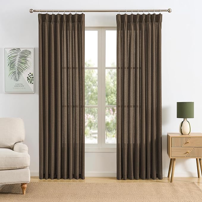 Brown Pleated Linen Curtains 100 Inches Long Farmhouse Semi Sheer Memory Trained Shape Pinch Pleat Drapes with Hooks Back Tab Ripple Fold Curtain for Bedroom Living Room 50x100