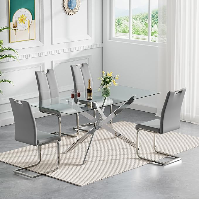 HomVent 5 Piece Rectangular Glass Dining Table Set, Rectangular Glass Kitchen Table Set for 4 with 4 PU Upholstered Dining Chairs for Kitchen Dining Room
