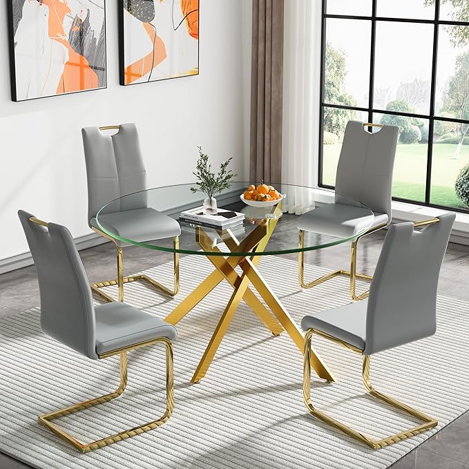HomVent 5 Piece Round Glass Dining Table Set, Round Glass Kitchen Table Set for 4 with 4 PU Upholstered Dining Chairs for Kitchen Dining Room