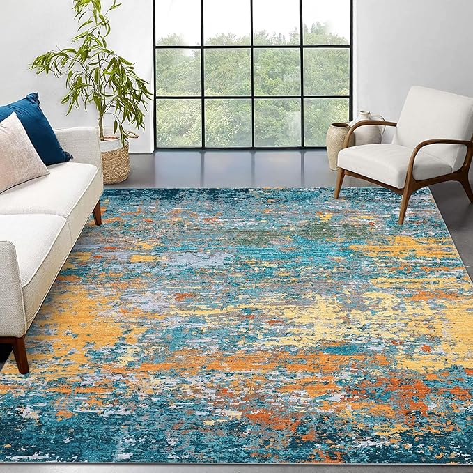 8x10 Modern Abstract Rug Faux Wool Accent Ultra Soft Non Slip Non Shedding Washable Large Rug for Living Room Bedroom Dining Room Office Home, Multi Color