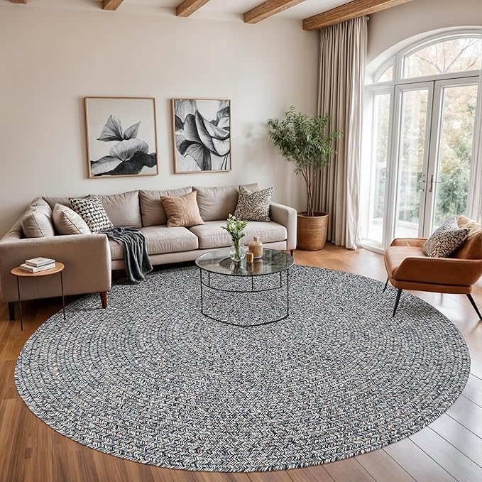 Seasons SE95 Winter Blues 8' x 8' Round - Braided Area Rug, Home Decor, Floor Mat or Bedroom Rug - Easy Care, Ideal for High Traffic Areas in Hallway and Living Room - Made in USA