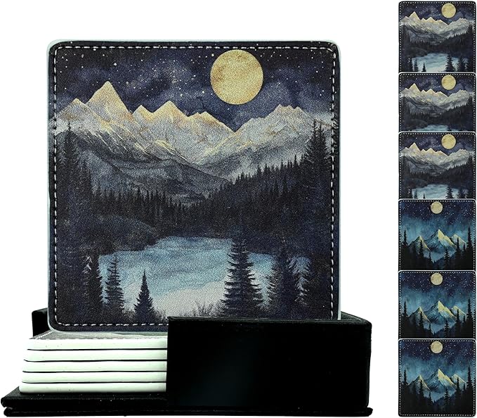 Marble Coasters Square Leather Drinks Coaster Set with Holder for Coffee Table Bar Home Decor 4 Inches Set of 6 (Forest Night, One Size)
