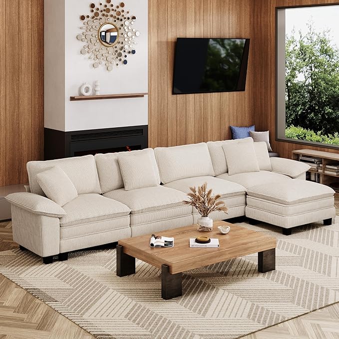 157-Inch L Shaped Sectional Sofa with Cloud Cushions, Deep Seat Modular Couch Set w/ 5 Seats & 1 Ottomans, Removable Arms, Plush Corduroy Upholstery for Living Room, Apartment - Beige