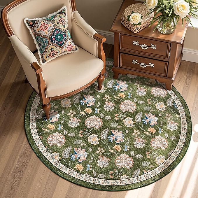 jinchan Elora 4ft Floral Round Rug for Entryway Washable Rug Vintage Romance Christmas Design Non Slip Indoor Doormat Lightweight Low-Profile Throw Carpet for Living Room Dining Room Bedroom, Green