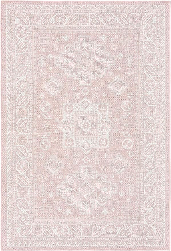 Rugs.com Outdoor Aztec Collection Rug – 5' x 8' Pink Flatweave Rug Perfect for Living Rooms, Large Dining Rooms, Open Floorplans