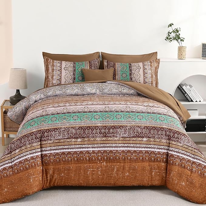 Cottolester Boho Queen Comforter Set 8 Pieces, Brown Bohemian Striped Bed in a Bag, Paisley Soft Microfiber Bedding Comforter Set