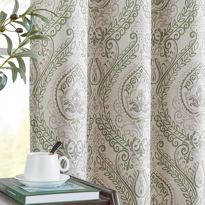 jinchan Linen Textured Curtains for Living Room Darkening 72 Inch Length, Medallion Drapes for Bedroom, Damask Pattern Window Treatments Vintage Curtain Panels, 2 Panels Sage Green on Greige