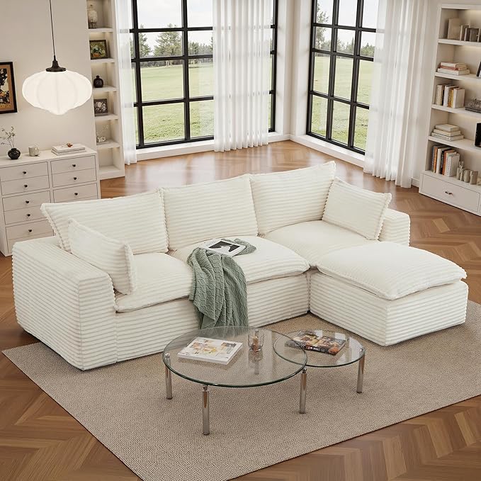 108" Sectional Couches for Living Room Boneless Couch Upholstered Cloud Couch Sectional Modular Sectional Sofa with L Shaped (Corduroy-White, 3 Seat+1 Ottoman)