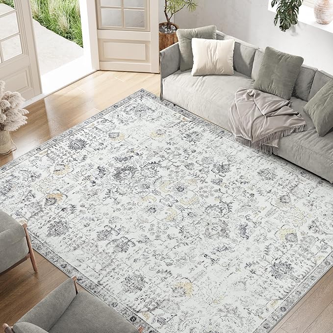 jinchan Kalen Area Rug 6x9 Washable Living Room Rug Soft Vintage Indoor Thin Retro Distressed Floor Cover Grey Floral Country Boho Rug Non Slip Carpet for Bedroom Office Dining Room