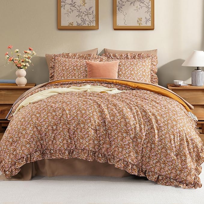 Queen Comforter Set - 7 Pieces Ruffle Brown Bedding Sets, Shabby Chic Farmhouse Bed in a Bag with Ruffle Comforter, Sheets, Pillowcases & Shams