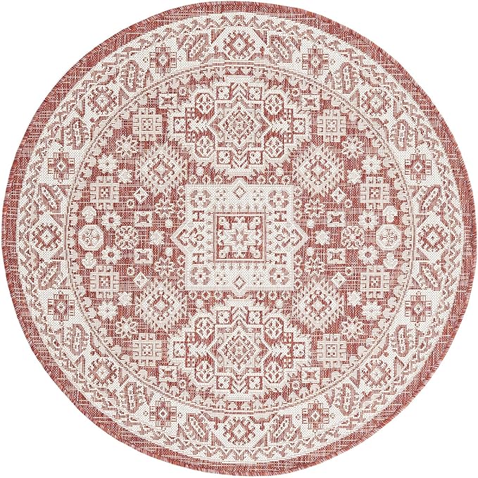Rugs.com Outdoor Aztec Collection Rug – 4 Ft Round Rust Red Flatweave Rug Perfect for Kitchens, Dining Rooms