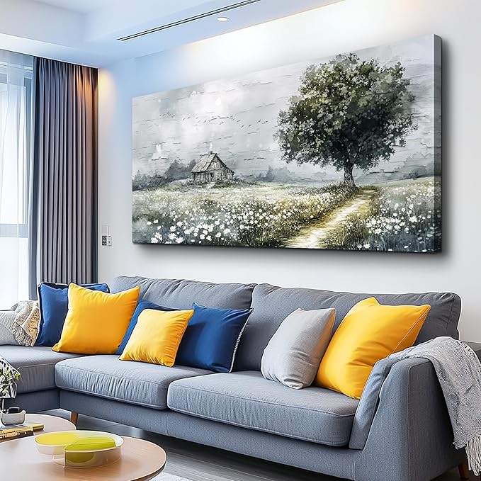 ERQINHUA Gray Large Canvas Wall Art For Living Room Farmhouse Wall Decor For Bedroom Office Home Decor Field scenery Paintings Tree Landscape Wall Pictures Printed Artwork Ready to Hang 30"X60"