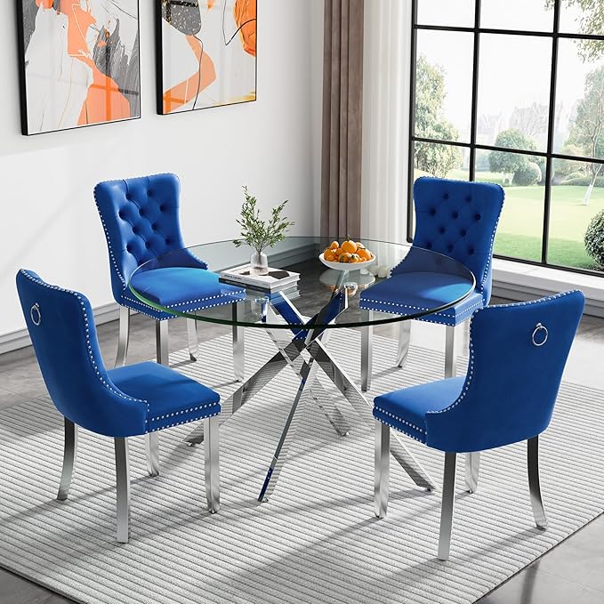 Round Glass Dining Table Set for 4, 47'' Clear Circular Kitchen Table and Chairs Set, 5PCS Modern Circle Dining Room Table Set with 4 Velvet Dining Chair for Home