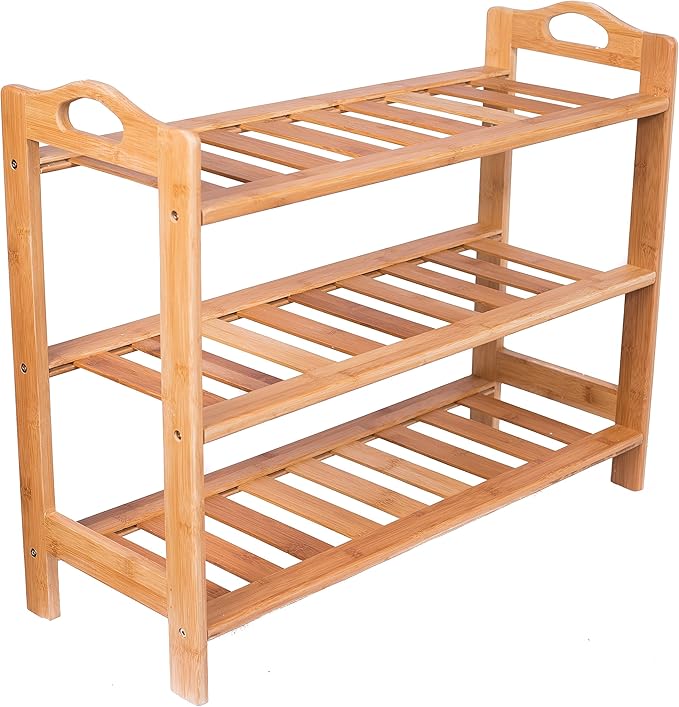 BIRDROCK HOME 3 Tier Free Standing Shoe Rack with Handles | Bamboo | Wood | Closets and Entryway | Organizer | Fits 9 Pairs of Shoes