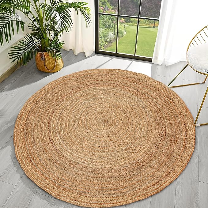 Hand Woven Jute Area Rug - 8' Round - Rustic Beige Reversible Farmhouse Rugs for Living Room, Bedroom, Kitchen - Vintage Natural Braided Entry Floor Décor Circle Boho Round Rugs 8ft