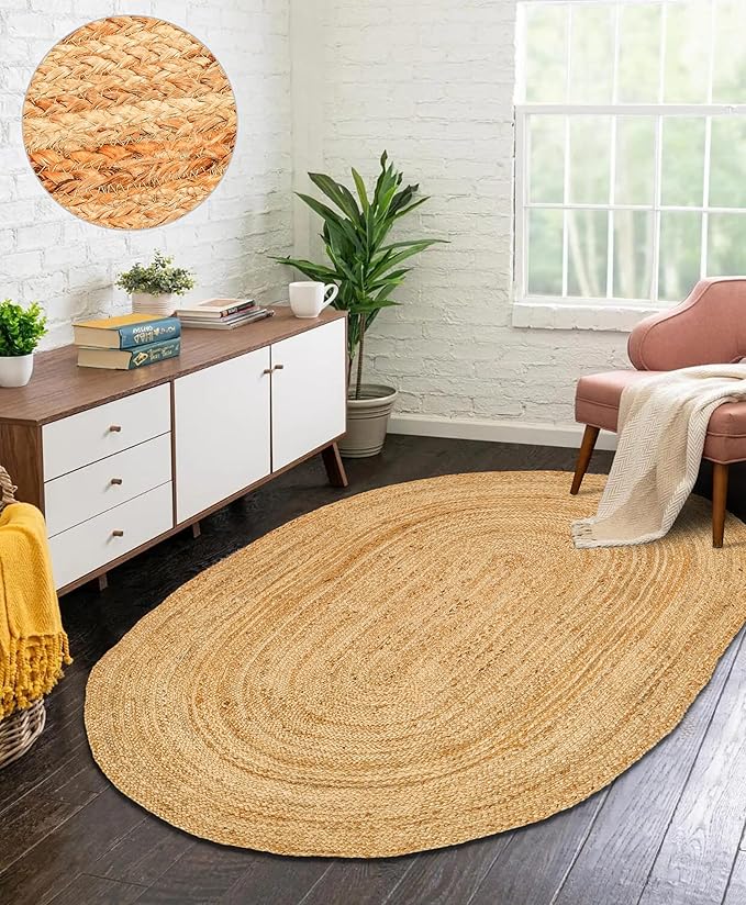 Hand Woven Jute Area Rug - 5' x 8' Feet - Rustic Beige Reversible Oval Rugs for Bedroom, Kitchen, Living Room - Vintage Natural Braided Entry Floor Décor Boho Oval Area Rugs 5x8 Feet
