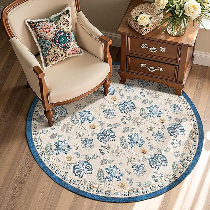 jinchan Elora 4ft Floral Round Rug for Entryway Washable Kitchen Rug Vintage Romance Design Non Slip Indoor Doormat Lightweight Low-Profile Throw Carpet for Living Room Dining Room Bedroom, Blue/Beige