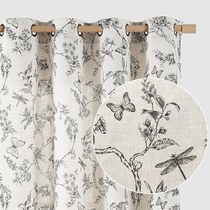 Lazzzy Black Floral Linen Farmhouse Curtains 108 Inch Length Drapes for Living Room Bedroom Pattern Light Filtering Country Vintage Curtain Grommet Top, 2 Panels, Black on Beige