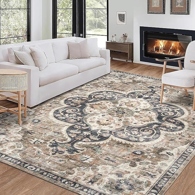 ReaLife Rugs Machine Washable Area Rug Runner - Living Room Bedroom Bathroom Kitchen Entryway Office - Padded Low Pile Stain Resistant Premium - Boho Farmhouse Vintage - Joy - Brown Beige 3' x 5'