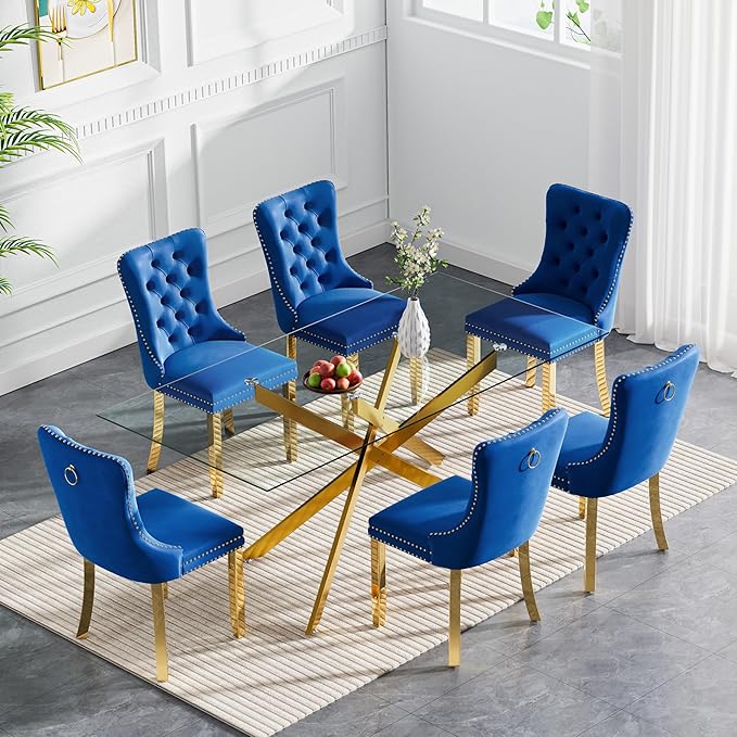 Rectangle Glass Dining Table Set for 6, 60'' Kitchen Table and Chairs Set, 7PCS Modern Dining Room Table Set with 6 Velvet Dining Chair for Home