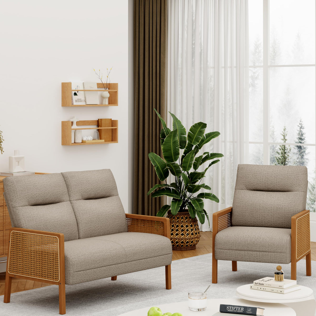 Yongchuang Linen Loveseat and Chair Set, 2 Piece Living Room Sectional Living Room Sets Taupe, Mid Century Modern Small Sofa Couch and Accent Chairs with Rattan Arms