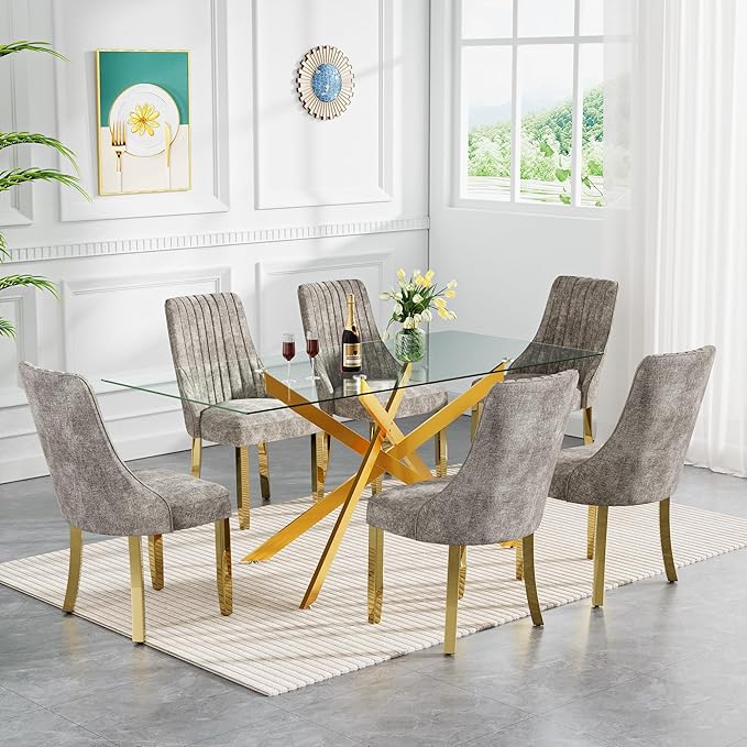 Rectangle Glass Dining Table Set for 6, 60'' Kitchen Table and Chairs Set, 7PCS Modern Dining Room Table Set with 6 Dining Chair for Home