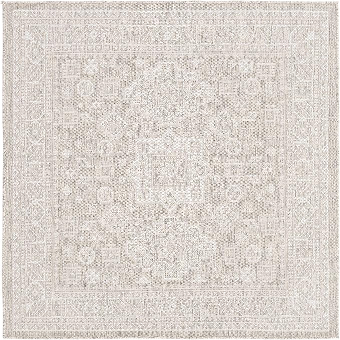 Rugs.com Outdoor Aztec Collection Rug – 5 Ft Square Light Gray Flatweave Rug Perfect for Living Rooms, Kitchens, Entryways