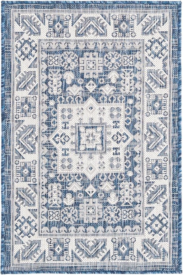 Rugs.com Outdoor Aztec Collection Rug – 2' x 3' Blue Flatweave Rug Perfect for Living Rooms, Large Dining Rooms, Open Floorplans