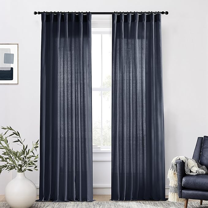 XTMYI Navy Blue Curtains 96 Inches Long,Linen Semi Sheer Gaming Gamer Curtains for Boys Room Men Bedroom Man Cave Office,96in Length 2 Panels Set,Dark Ocean