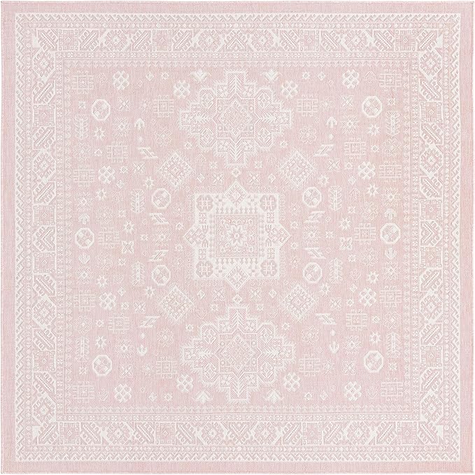 Rugs.com Outdoor Aztec Collection Rug – 8 Ft Square Pink Flatweave Rug Perfect for Living Rooms, Kitchens, Entryways